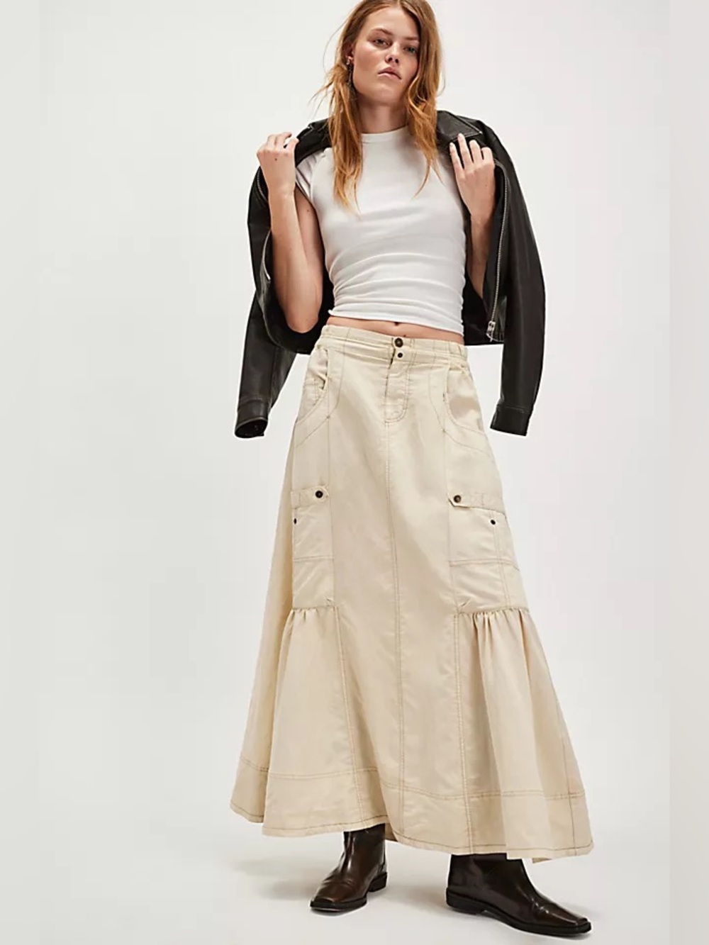 Free People Rough Riding Maxi Skirt Neutral XS Utility